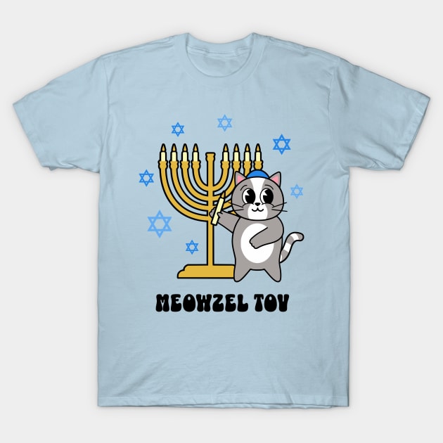 Meowzel Tov Funny Hanukkah Cat with Menorah T-Shirt by PUFFYP